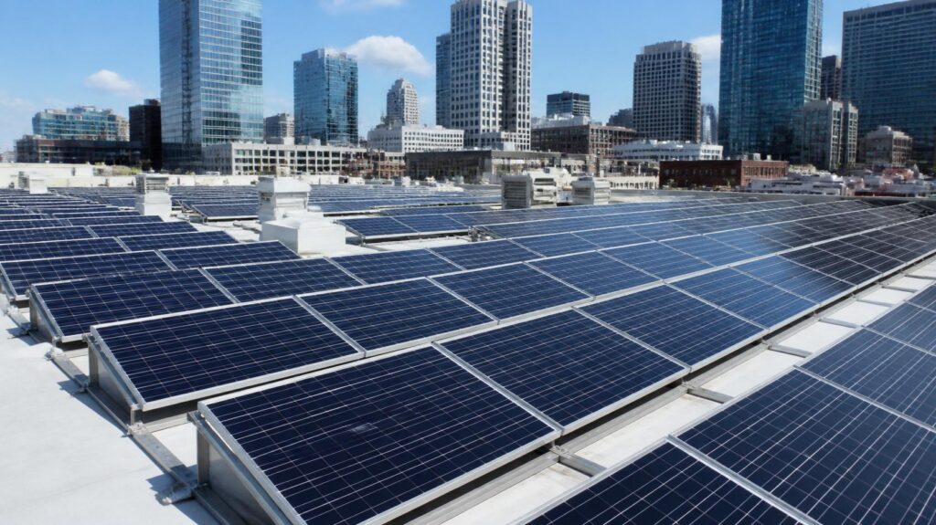 commercial solar panels installation, modern photovoltaic array, professional quality, clean and detailed